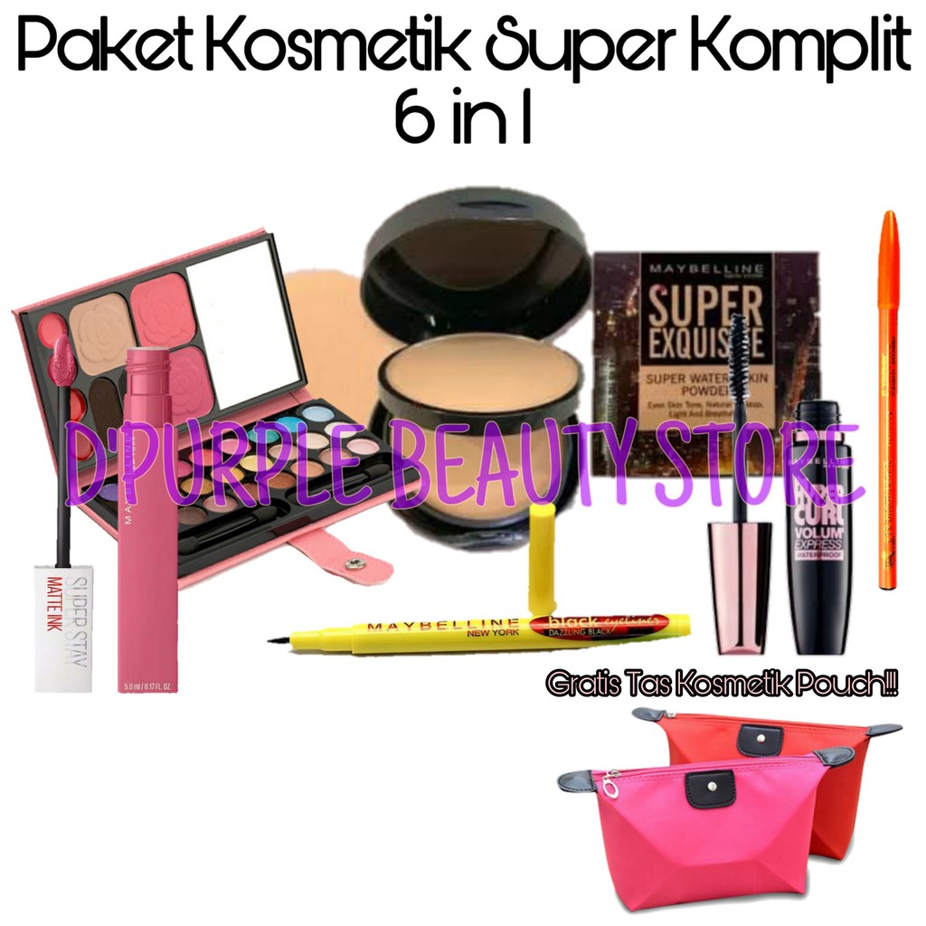 Paket Kosmetik Maybelline Super Komplit 6 in 1 Gratis Tas Kosmetik