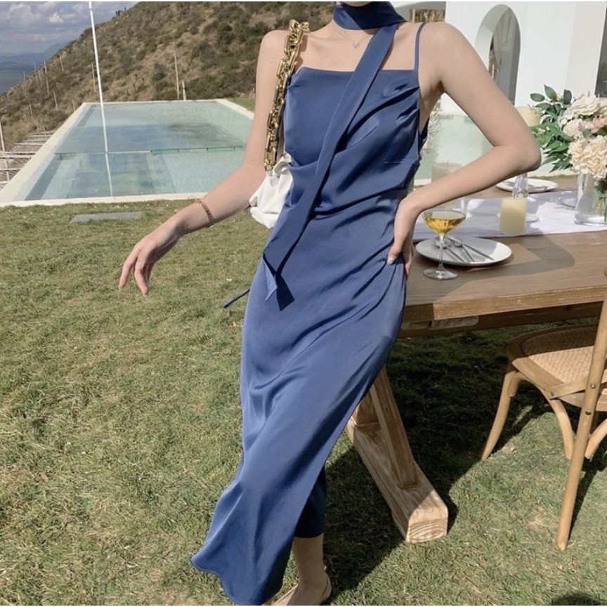 D-35028 Blue Polyester Ice Silk Long Dress Bodycon PREMIUM