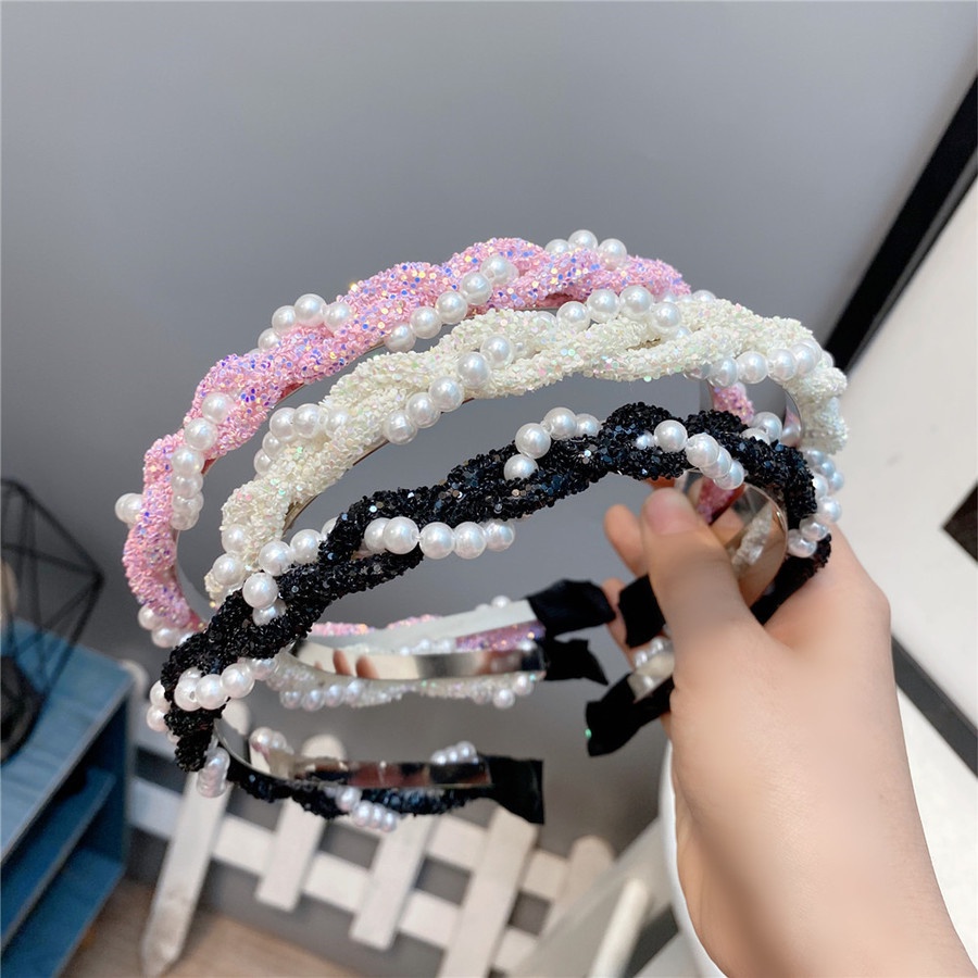 Korean Pearl Sequined Headband Twist Braided Shiny Hair Band Women Hair Accessories