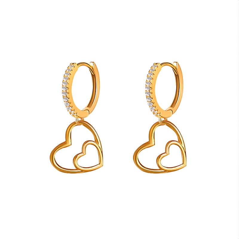 Fashion Diamond Double Heart Earrings Anting Wanita Cinta Manis Yang Indah