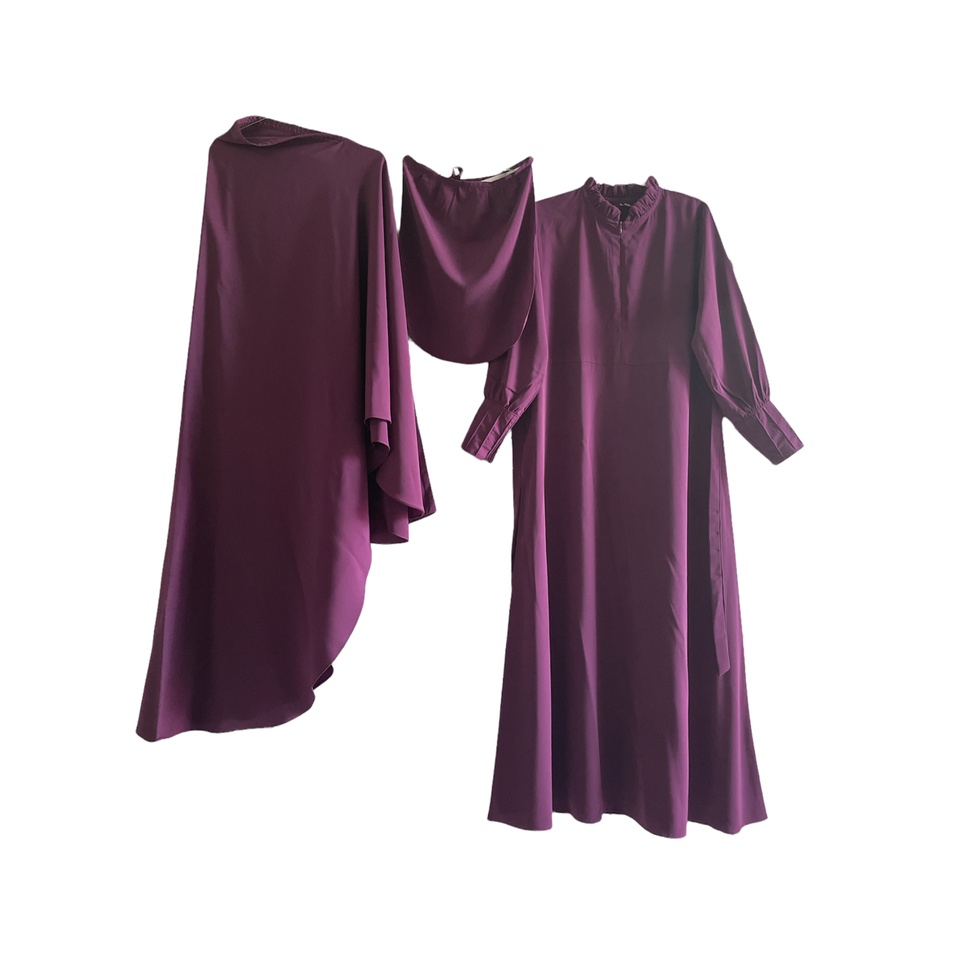 Haura Hijab Syari Gamis Setelan Khimar dan Cadar Meena Set Bahan Woolpeach Lux Size S - XXL-Ungu Tua