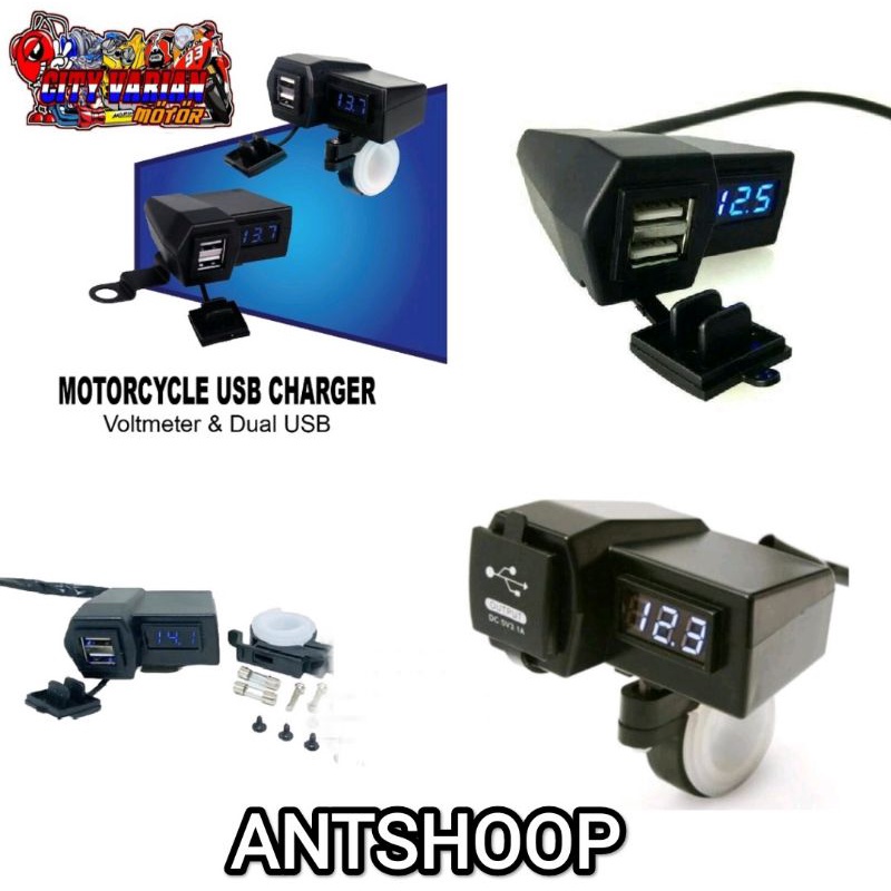 Motorcycle Digital Voltmeter Charger Motor Cas HP Motor 2 USB 3.1A Casan HP Voltmeter Aki plus USB ANTSHOOP