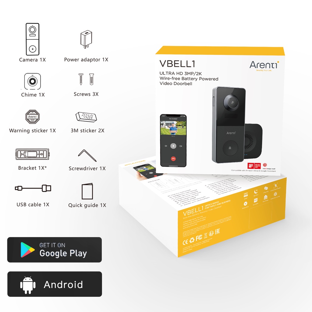 ARENTI VBELL1 CCTV Outdoor Battery-Powered 2K Wi-Fi Video Doorbell With Wireless Chime