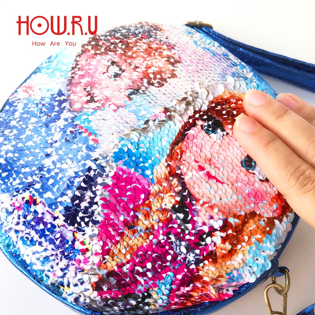 HOW.R.U | Tas Selempang Anak Dobel Sequin Bisa Ganti Desain Model Bundar Motif Kartun 0120