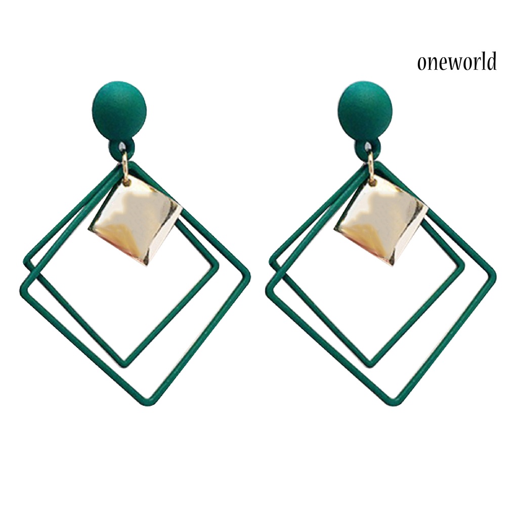 OW@ 1 Pair Ear Studs Piercing Concise Style Alloy Double Square Dangle Earrings for Gift