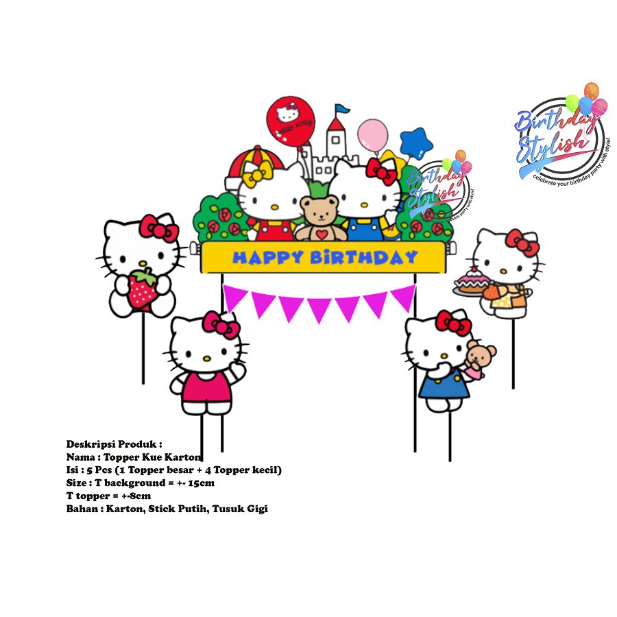 Topper Kue Hello Kitty Karton/ Hiasan kue Ulang Tahun / Background Kue Hello Kitty