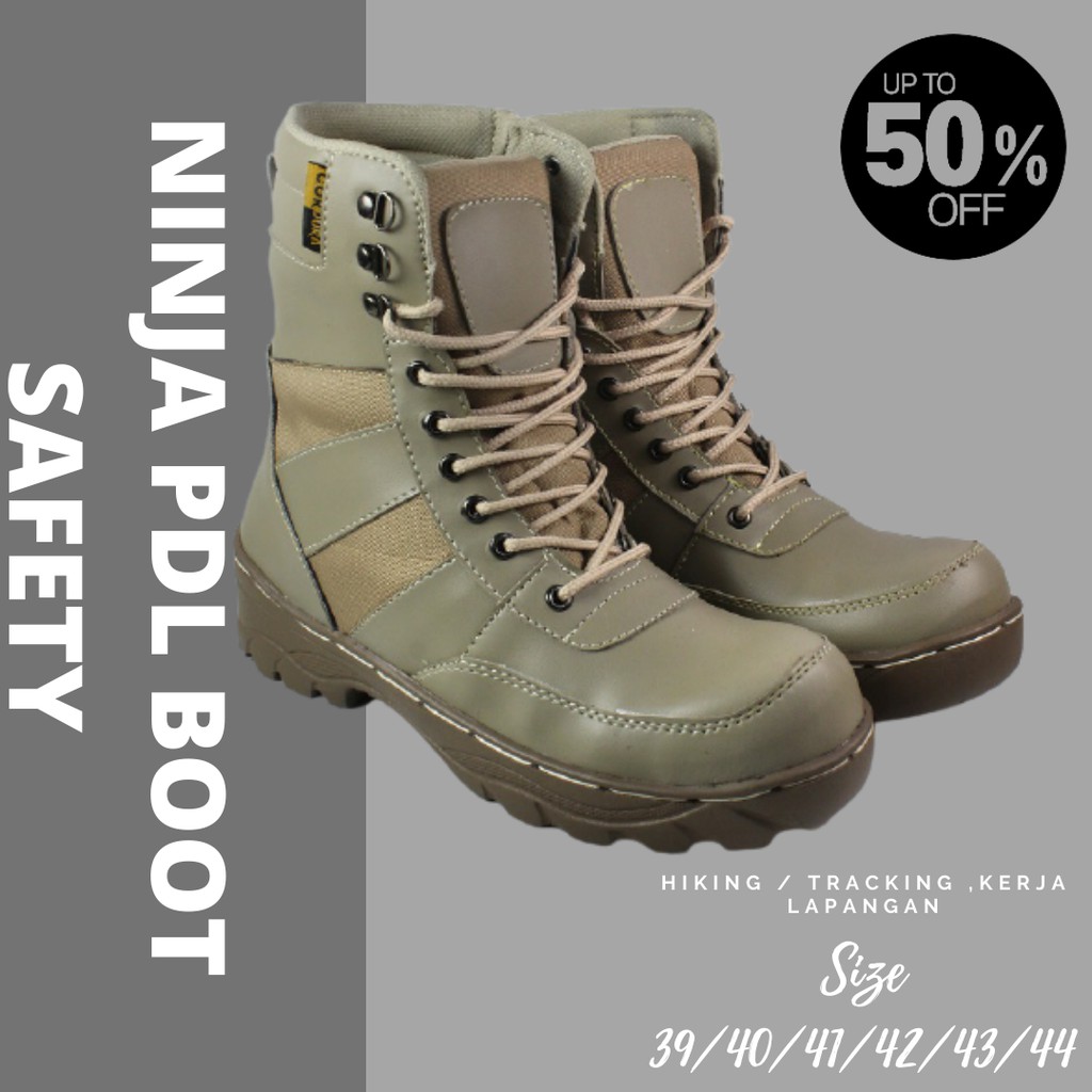 PROMO Sepatu Boots Safety Pria Ninja PDL Tinggi Sleting 8 Inci Cream Ujung Besi Kerja Lapangan Sefty