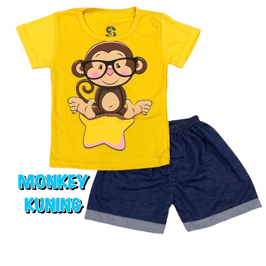 (1 KG MUAT 11 PTG) BAJU SETELAN PENDEK DENIM KAOS OBLONG ANAK PEREMPUAN/LAKI-LAKI/CEWEK/COWOK/UNISEX MONKEY