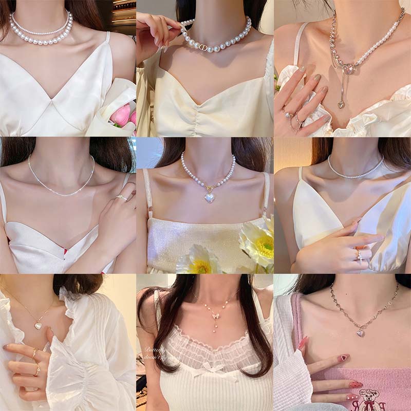 Kalung Choker Rantai Klavikula Hias Liontin Kupu-Kupu Hati Manik-Manik Mutiara Model Rongga Untuk Wanita