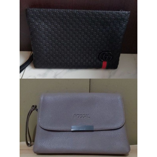 [PRELOVED] tas clutch fossil wanita warna cokelat muda 2 slot tas selempang + Tas clutch handbag hit