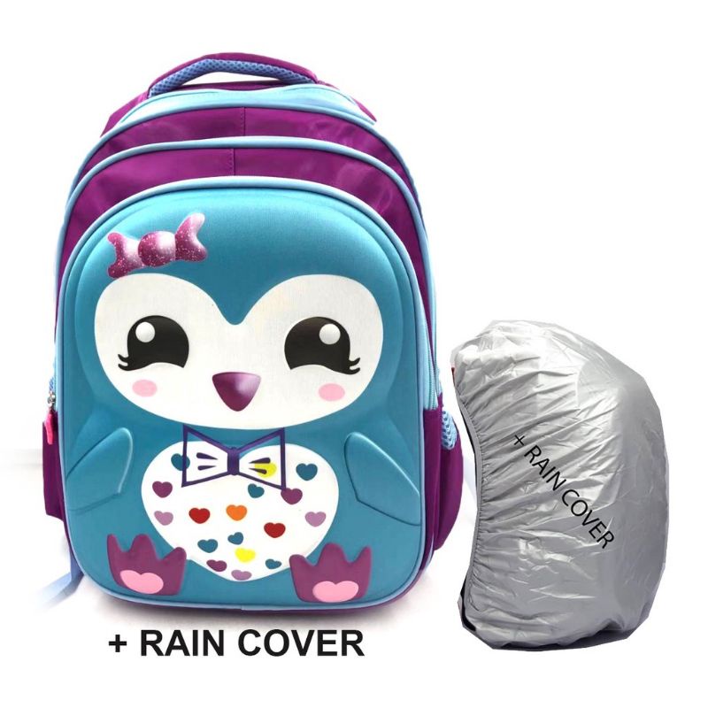 FREE RAIN COVER TAS RANSEL SEKOLAH ANAK PEREMPUAN SD 16inch GAMBAR KARTUN OWL CETAR 3RESLETING 3D TIMBUL IMPORT TAS ANAK SEKOLAH OWL