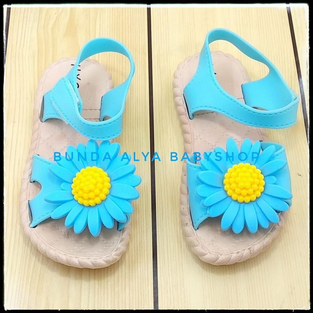 Sendal Anak Perempuan IMPORT Usia 2 3 4 Tahun BIRU Elastis Motif Bunga - Sepatu Sandal Anak Cewek Lentur Bunga Kuning Alas Karet Anti Licin