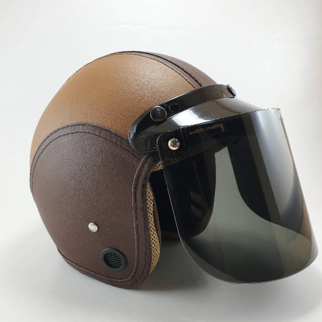 Helm Bogo Dewasa Kulit Retro Full Leher SNI Kaca Datar Injak