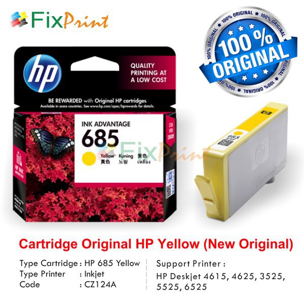 Cartridge Original HP 685 Yellow CZ124AA  Tinta Printer HP Deskjet 4615 4625 3525 5525 6525 Murah