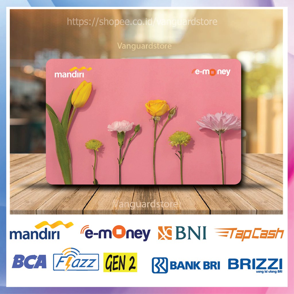 KARTU E MONEY E TOLL DESAIN GAMBAR BUNGA PINK KUMPULAN 7 EMONEY MANDIRI FLAZZ BCA BNI TAPCASH BRIZZI