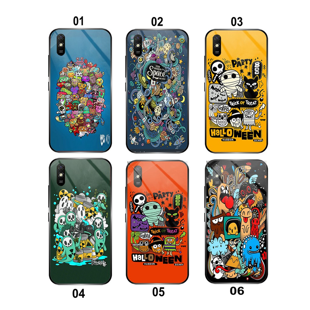 Softcase Kaca Glass Doodle (SF116) - Case Redmi 9A - Casing Redmi 9A - Case Handphone Redmi 9A