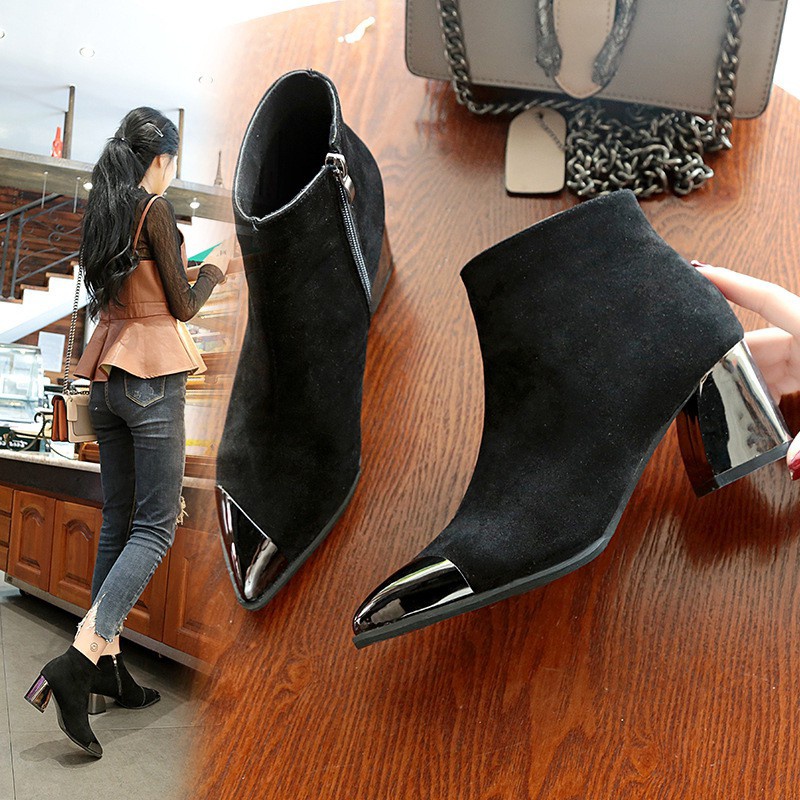 Sepatu heels boots wanita musim dingin boots lancip