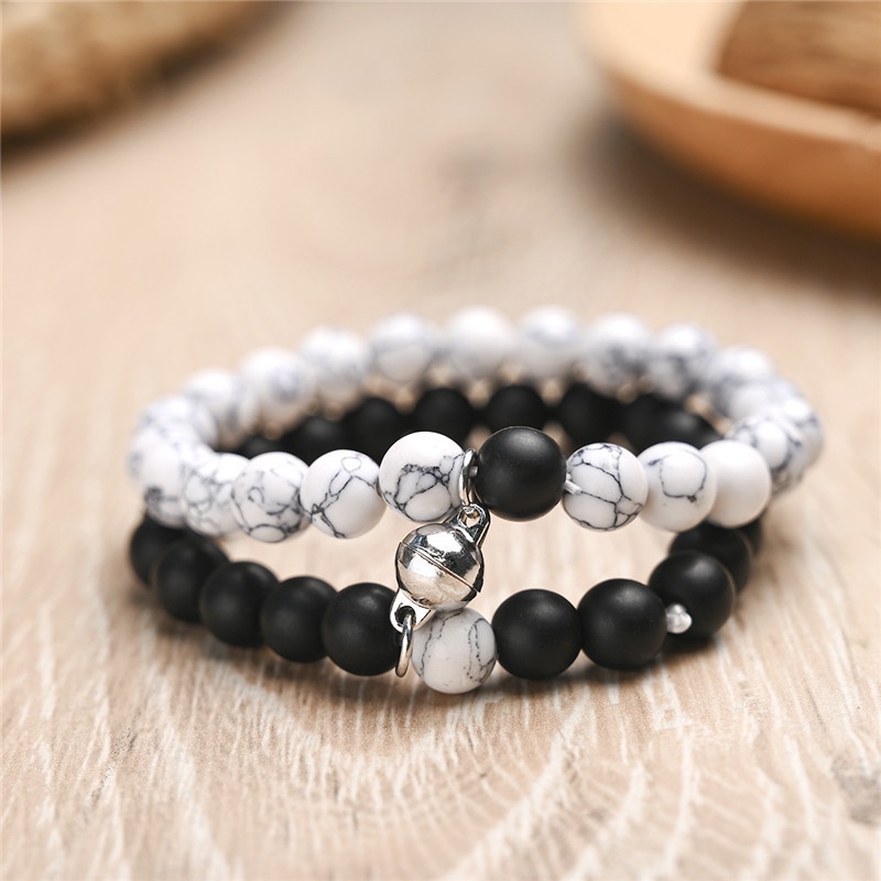 Set Gelang Rantai Manik-Manik Magnet Warna Hitam Putih Untuk Pasangan