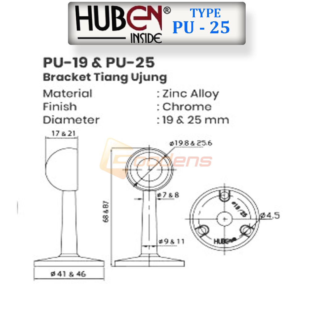 Huben PU-25 Bracket Tiang Ujung