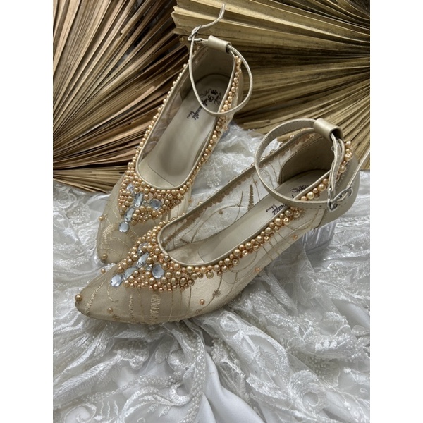 sepatu wedding wanita sayfira gold tali 5cm kaca