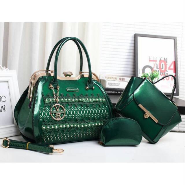 Tas Wanita VB Behel Glitter Swarovski 8812# ( set 3in1 ) Tas Grosir Batam Tas Pesta
