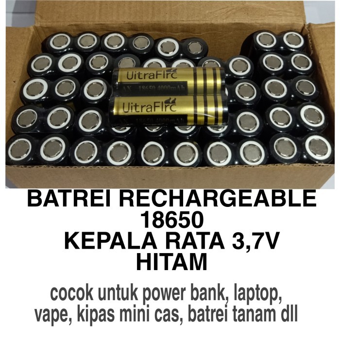 BATERAI CAS ULTRAFIRE RECHARGEABLE 18650 KEPALA RATA FLAT HITAM