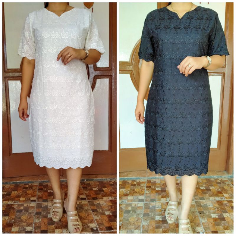 Dress katun bolong hitam putih m l xl xxl bangkok resleting belakang lapis furing hitam putih