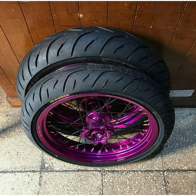 BAN SET CRF 150 L SUPERMOTO VELG SCARLET UNGU TROMOL SCARLET CNC BAN MAXXIS