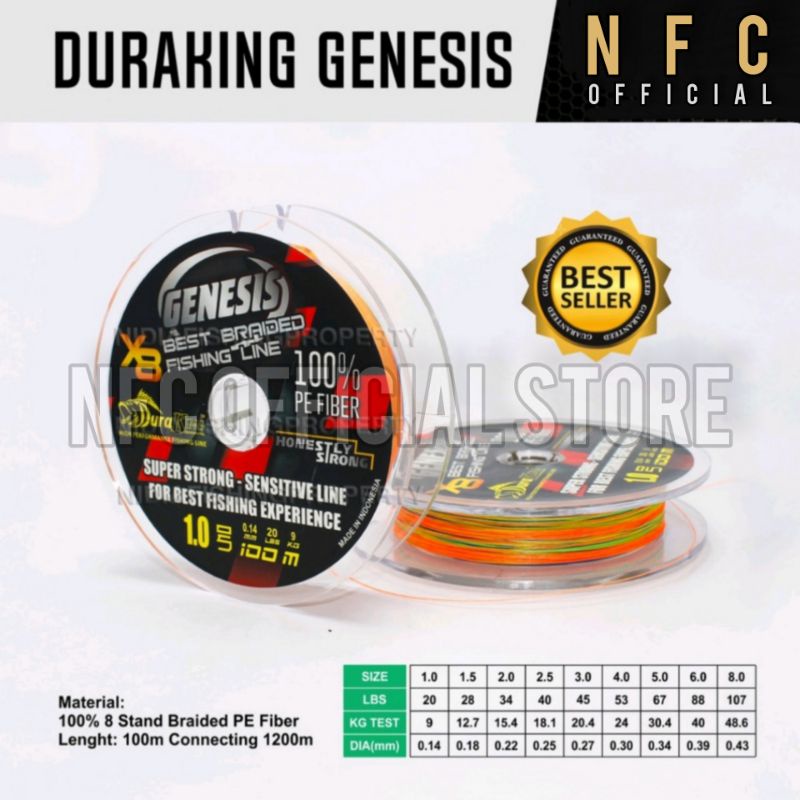 Senar benang pancing PE DURAKING GENESIS X8 Braided Multicolor Connecting 100 meter