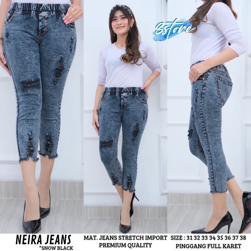 BISA COD|NEIRA JEANS|CELANA JEANS WANITA 7/9 APLIKASI SOBEK TIDAK TEMBUS