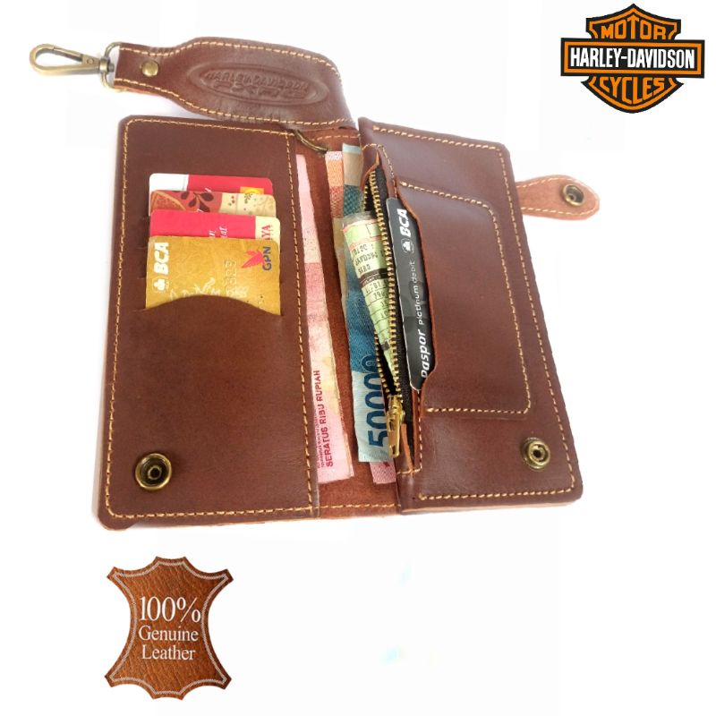 dompet panjang pria kulit asli 100% full Harley Davidson Brown 04