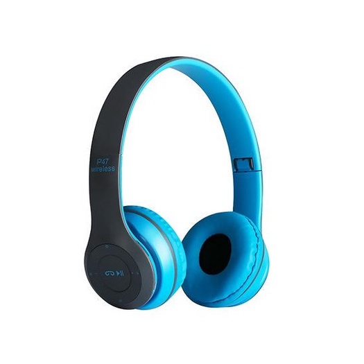 HEADPHONE BLUETOOTH P47 Headset Bando Gaming Lipat Wireless Audio Stereo Super Bass 5.0 EDR Travel-BIRU