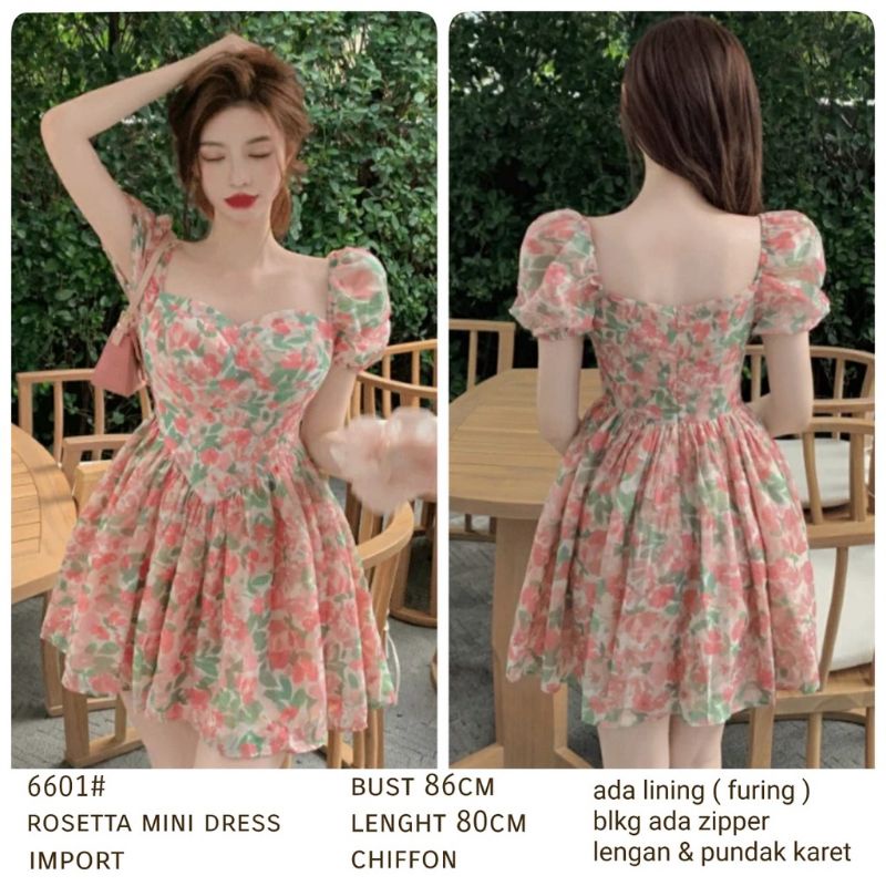6601 Fashion Baju Mini dress dres lengan pendek bawahnya ngembang motif bunga-bunga kecil peach hija