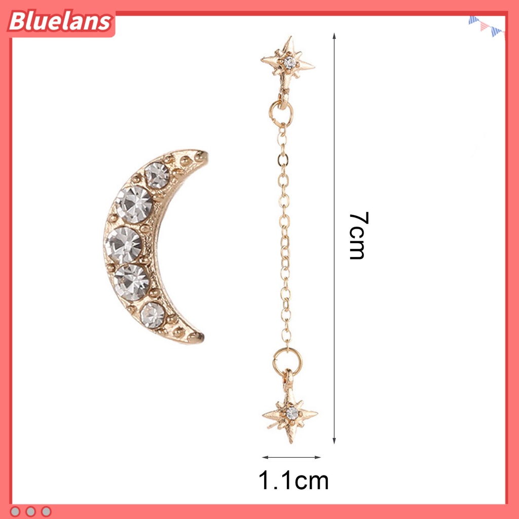 Bluelans 2Pcs Earring Vintage Moon Star Chain Rhinestone Alloy Unique Ear Stud for Women