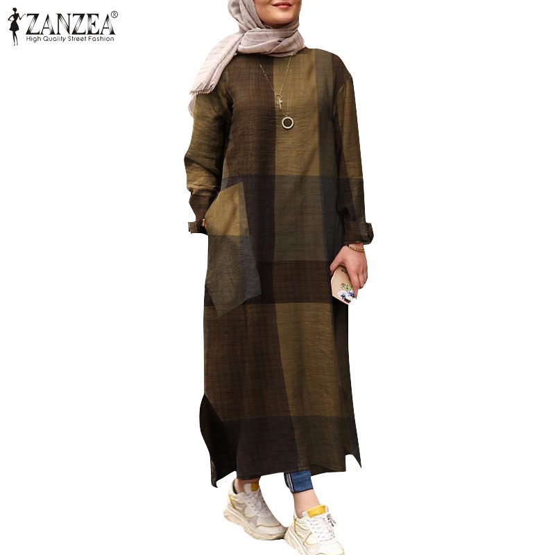 ZANZEA Women Casual Grid Printed Long Sleeve Muslim Maxi Dress