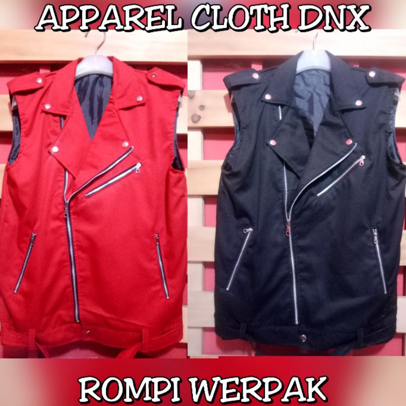 JAKET ROMPI RAMONES WERPAK MERAH HITAM, ROMPI JAKET DOBEL KERAH PUNK, CELANA ALPIN ALFIN