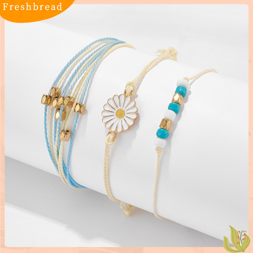 [Fresh] 3Pcs / Set Gelang Tangan Strap Manik-Manik Motif Bunga Ala Bohemian untuk Wanita / Hadiah