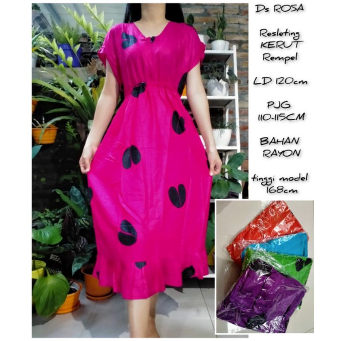 Daster Rempel Raffle Dress Rosa Busui Rayon Karet Pinggang