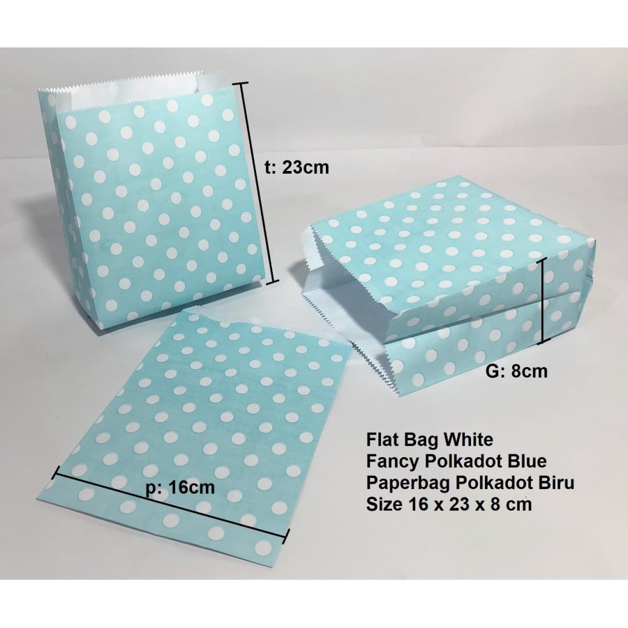 

Kantong Souvenir / Food Packaging Paperbag Flat Kantong Kertas Warna Biru Polkadot (L) Souvenir Roti
