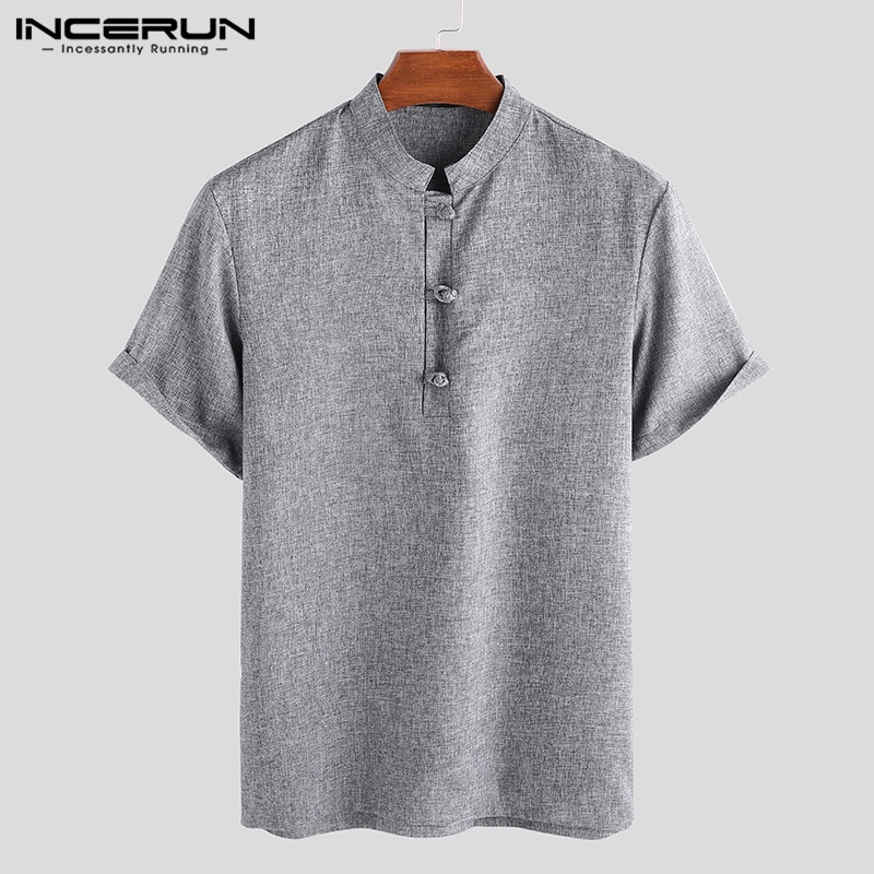 INCERUN Men Retro Summer Short Sleeve Loose Fit Chinese Traditional Shirt