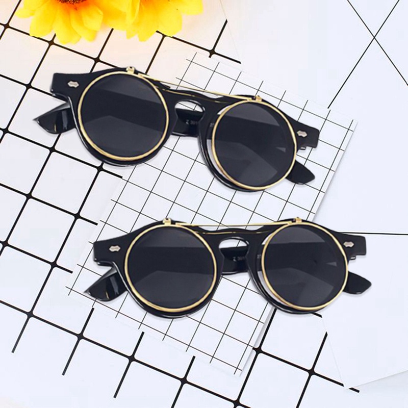 Kacamata Hitam Matte Bulat Model Flip Up Gaya Klasik Steampunk Warna Hitam