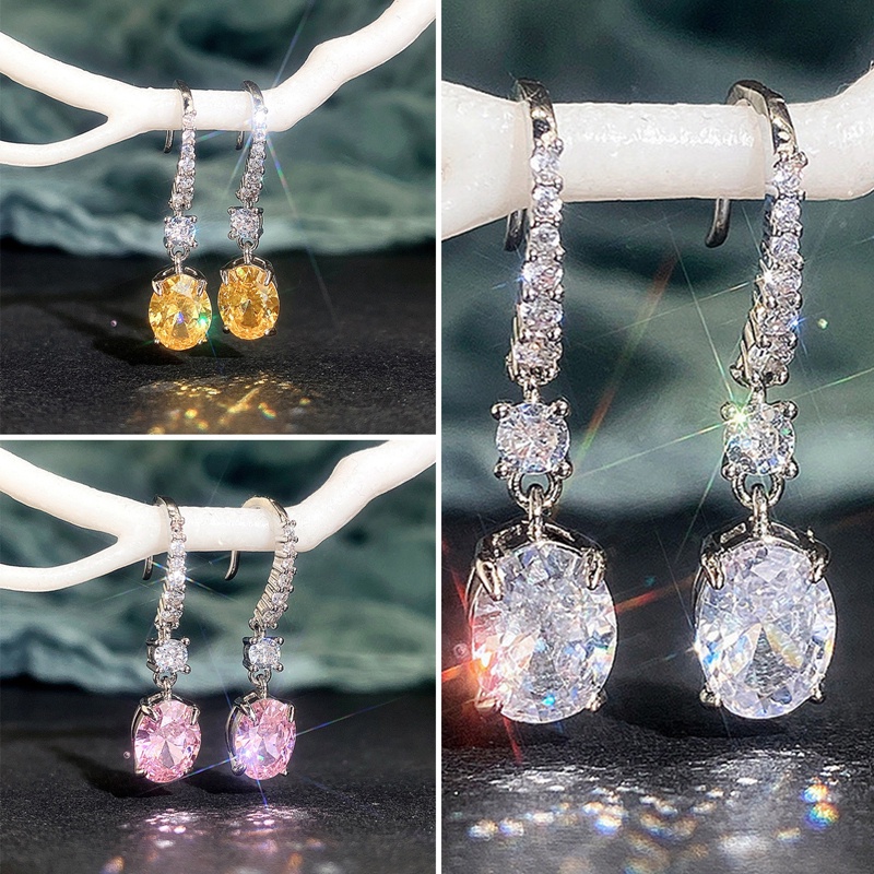 Anting Juntai Bentuk Oval CZ Warna Putih Kuning Pink Untuk Wanita