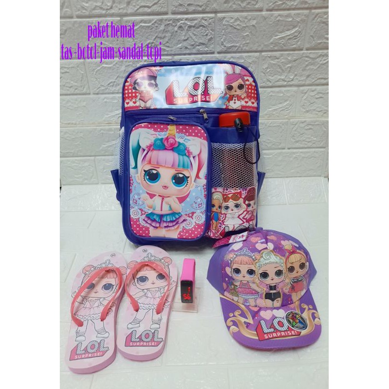 tas lol set 5in1 tas rangsel sekolah berhadiah botol+jam+topi+sandal