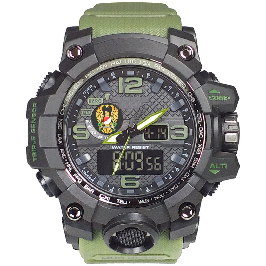 (Istimewa Bossque) Jam LOGO TNI - AD Double Time Tali Hijau (Exclusive)