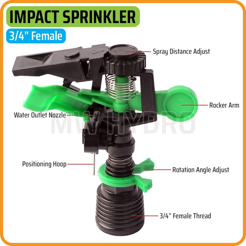 Impact Sprinkler 3/4&quot; Female - 1 Nozzle - 360° Adjustable Rotation Angle