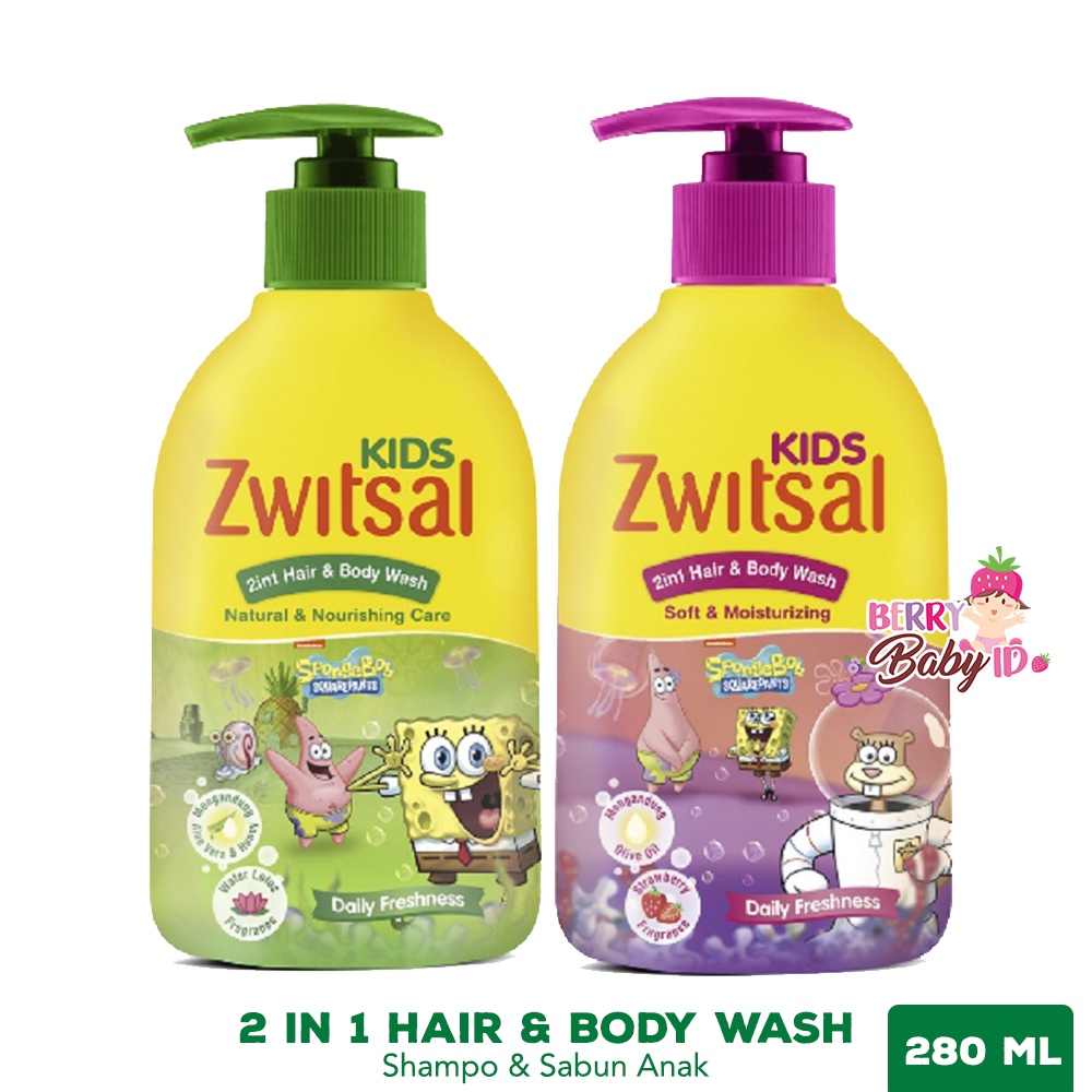 Zwitsal Kids 2in1 Hair &amp; Body Wash Spongebob Sabun &amp; Shampo Anak 280 ml Berry Mart