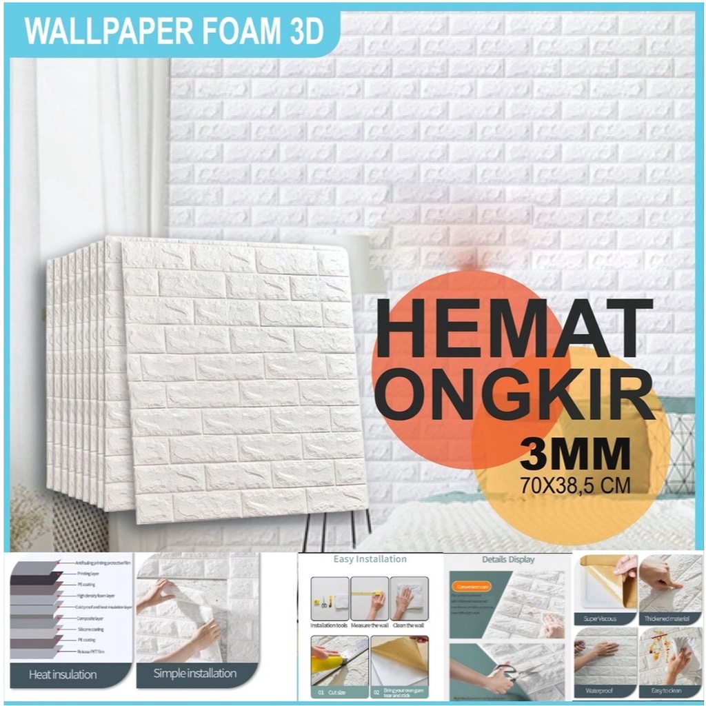 Wallpaper Dinding 3D Embossed Modern Foam Timbul Motif Batu Bata / Wall Sticker Dinding 3D Waterproo