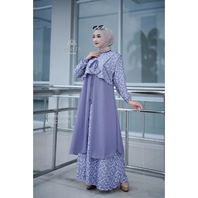 Gamis set 2 in 1 outer venita dan terpisah motif kombinasi polos kekinian trend 2022