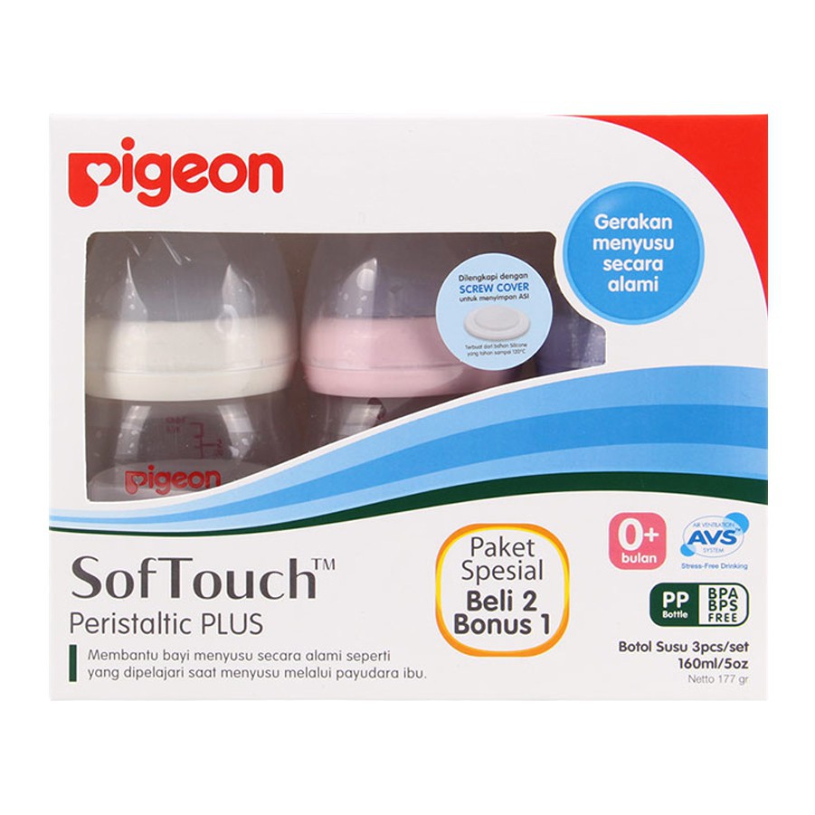 ORIGINAL !!! Pigeon SofTouch Peristaltic Plus PP Wide Neck Bottle Set 3 Pcs 0+ Bulan 160ml 240ml