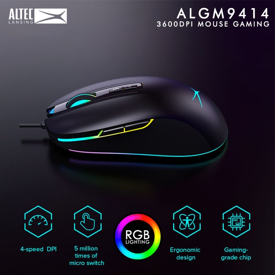 Mouse Gaming Altec Lansing ALGM-9414 Hitam RGB Colorlights  3600DPI